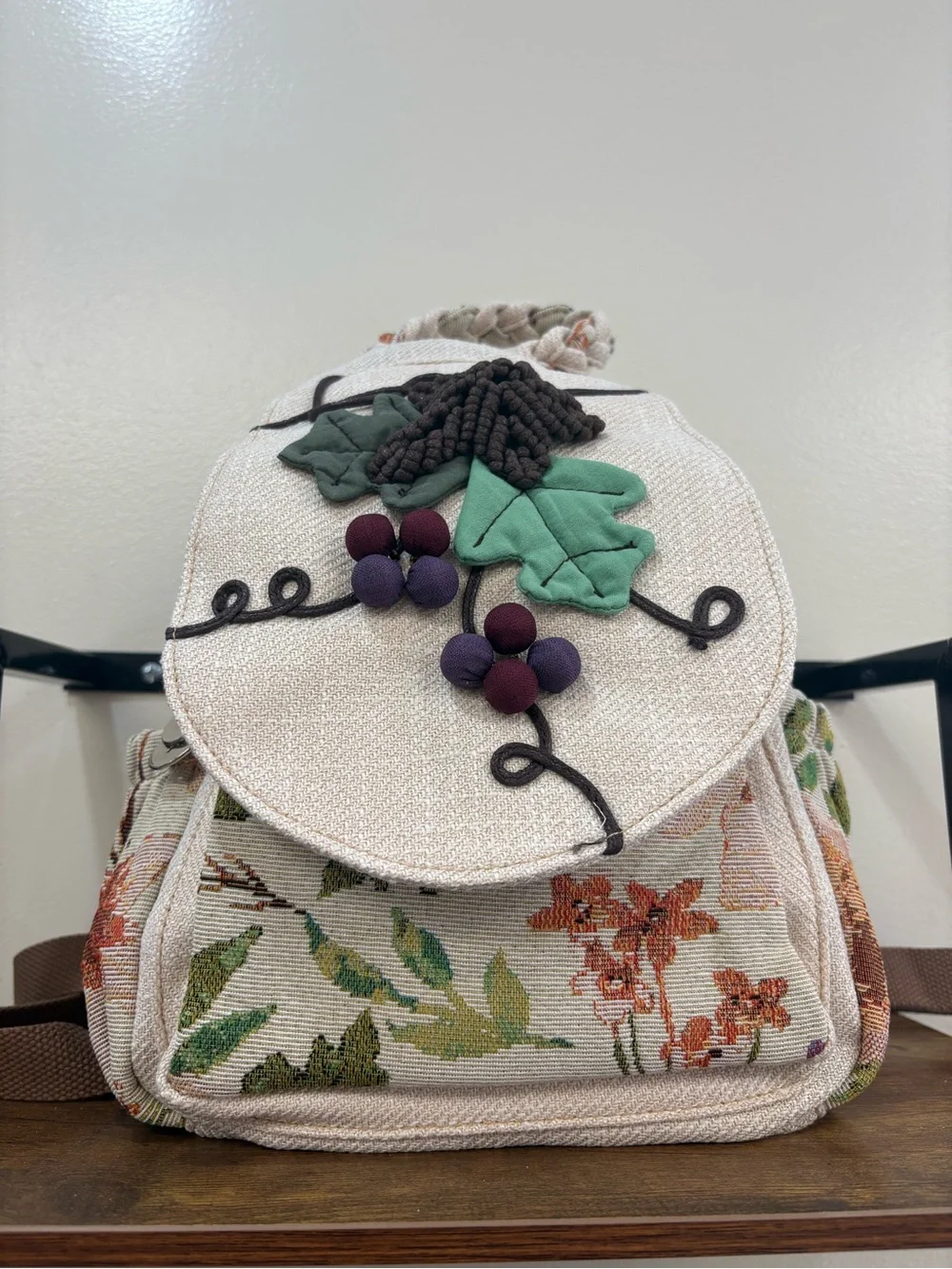 Canvas Floral Backpack with Green Leaf and Berry, vintage Floral